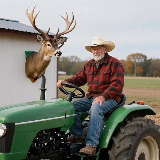 Elderly Man on Tractor in Rural Setting