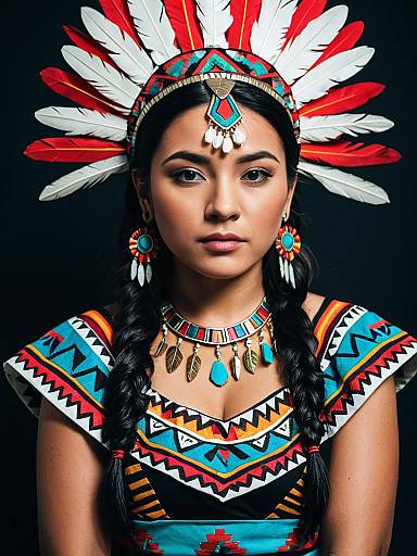 Photograph of a young Native American woman with dark skin, black braided hair, wearing a colorful traditional headdress, dress, and jewelry, against