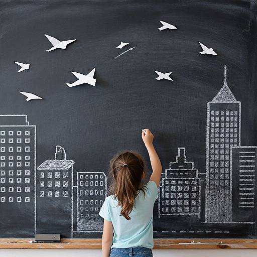 Photograph of a girl with brown hair in a ponytail, wearing a white shirt, drawing white paper airplanes and a cityscape on a black chalk