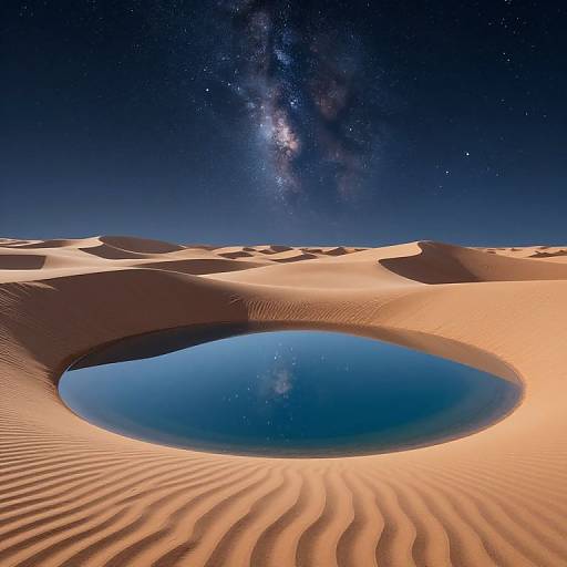 Photograph of a serene desert landscape with a clear, reflective oases under a starry night sky and the Milky Way galaxy.