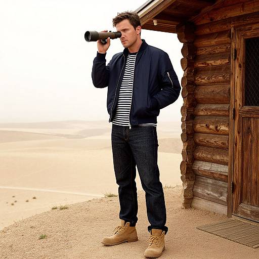Photograph of a man with short dark hair, wearing a black jacket, striped shirt, dark jeans, and tan boots, standing beside a wooden log