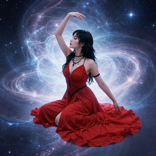 Photograph of a black-haired woman in a red, flowing dress, seated against a cosmic, starry background with glowing, swirling light.