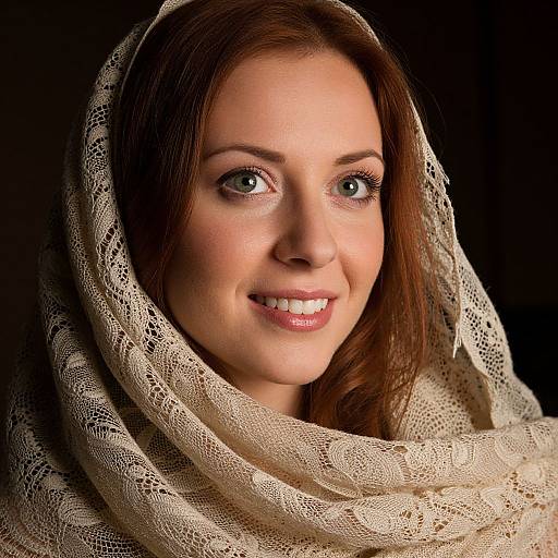 Photograph of a smiling young woman with fair skin, brown hair, and green eyes, wearing a delicate white lace headscarf against a black background