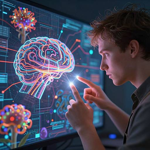 Photograph of a young man with messy brown hair, wearing a black shirt, pointing at a glowing, neon-colored brain illustration on a digital screen.