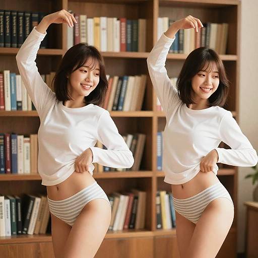 Photograph of two smiling Asian women with black hair, wearing white long-sleeve tops and striped underwear, dancing in front of a bookshelf.