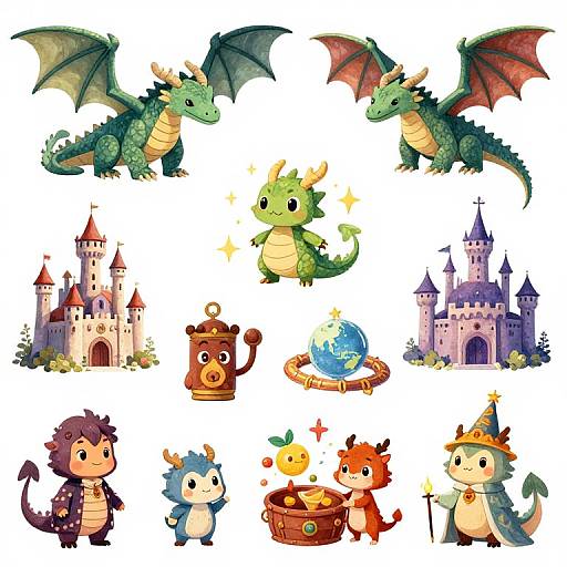 Colorful digital illustration of cute dragons, castles, a globe, witch's cauldron, and fantasy characters against a white background.