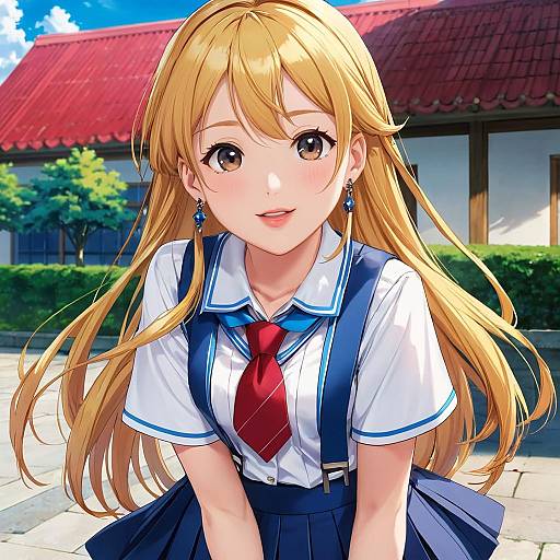 Anime-style digital illustration of a blonde girl with long hair, wearing a school uniform with a red tie, blue suspenders, and earrings, smiling outdoors