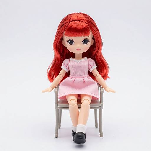 Photograph of a doll with long red hair, large blue eyes, wearing a pink dress, white socks, and black shoes, seated on a gray