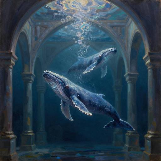 Underwater Cathedral with Bioluminescent Whales