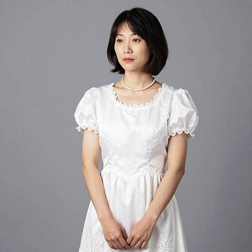 Photograph of an Asian woman with black bob haircut, wearing a white, short-sleeved lace dress and pearl necklace, standing against a plain gray