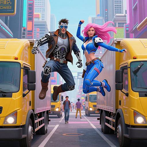 Digital artwork of a muscular man with cybernetic arms and a pink-haired woman in blue superhero outfits, leaping between yellow trucks in a neon-l