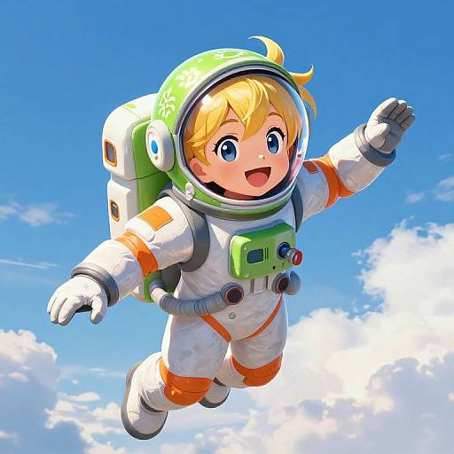 Digital illustration of a cheerful, blonde, blue-eyed child in a white and orange spacesuit with green helmet, floating in a bright blue sky with fluffy