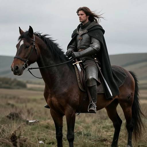 Photograph of a medieval knight with long brown hair, wearing black cloak and silver armor, riding a dark brown horse in a grassy, hilly