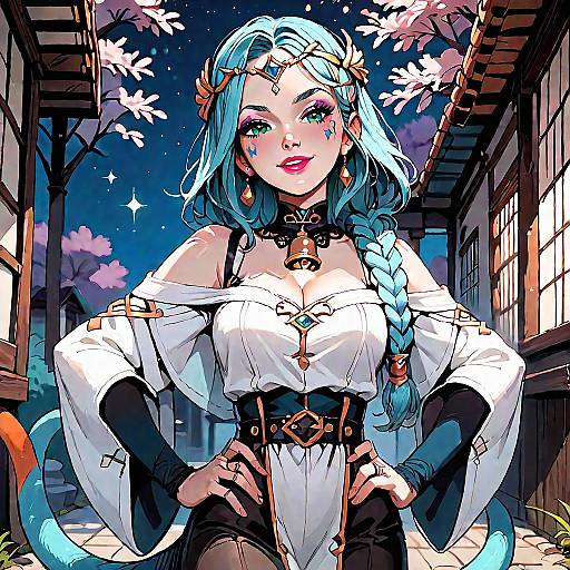 Digital anime-style drawing of a blue-haired woman with braided hair, wearing an off-shoulder white dress, black choker, and corset