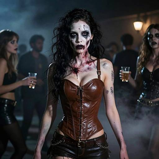 Female Zombie in Brown Leather Corset at Night Party