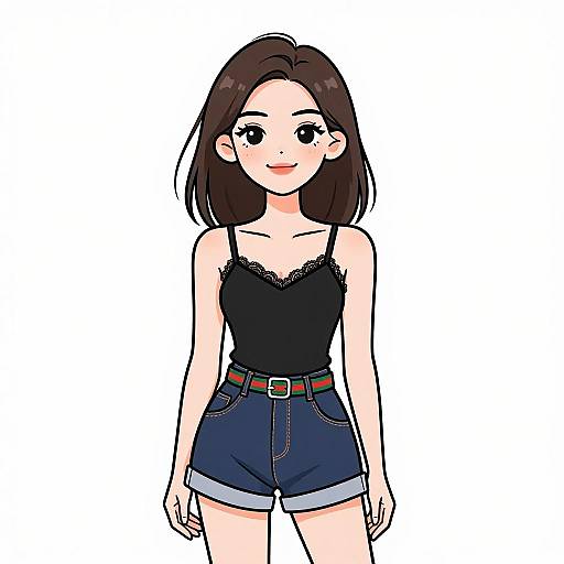 Anime-style digital drawing of a cute young woman with fair skin, shoulder-length brown hair, wearing a black lace-trimmed tank top and high-w