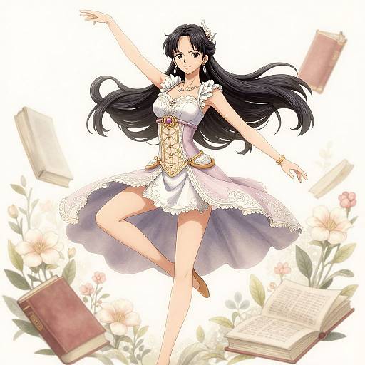 Anime-style drawing of a black-haired woman in a white, lace-trimmed dress with gold accents, floating amid floating books and flowers.