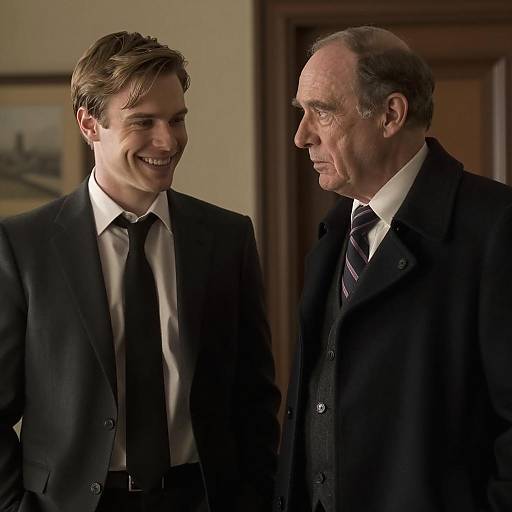 Two Men in Formal Suits Conversing Indoors