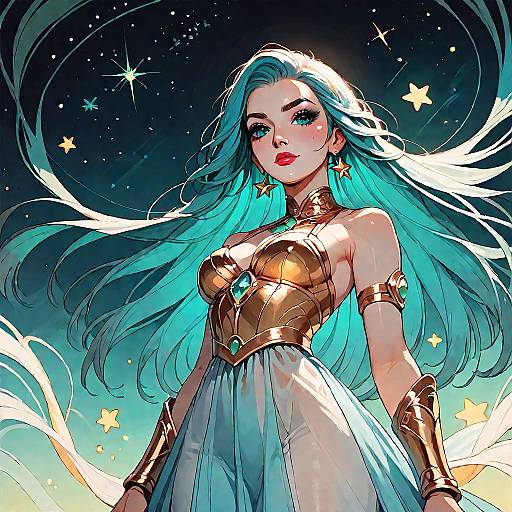 Digital art of a beautiful, blue-haired woman with glowing eyes, wearing a golden armor top and flowing white dress, surrounded by stars in a cosmic background