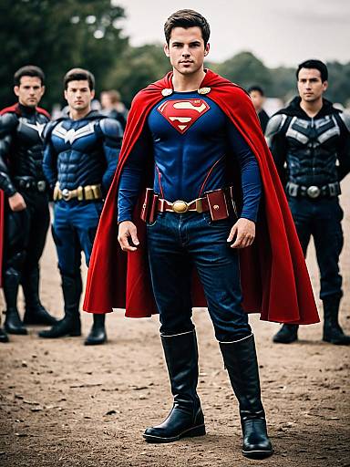 Male Superhero in Red Cape with Team