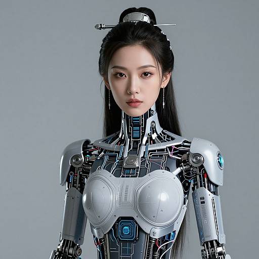 CGI image of an East Asian woman with long black hair in a futuristic robotic suit, featuring silver armor and blue circuit patterns, against a gray background