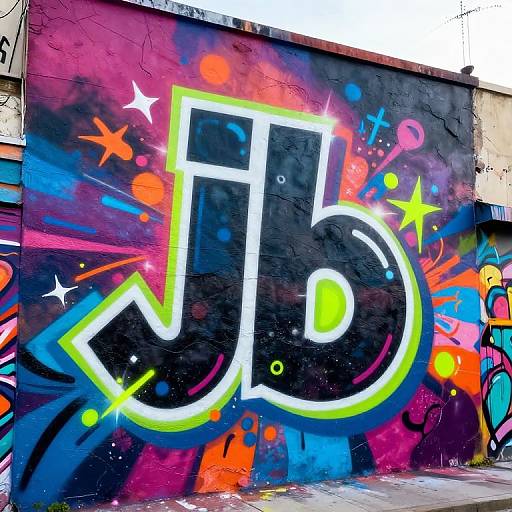 Vibrant graffiti mural on a black wall featuring a large, neon-lit 