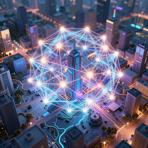 Photorealistic CGI of a futuristic cityscape featuring a glowing, neon blue and white geometric sphere with bright lights, illuminating tall skyscrapers and