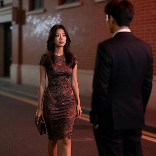 Asian Woman in Patterned Dress on Urban Street at Night
