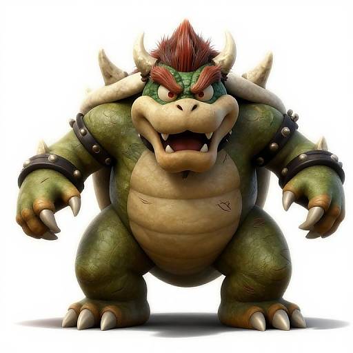 CGI image of Bowser, a green, spiked, muscular, turtle-like creature with red hair, horns, and sharp claws, standing menacingly