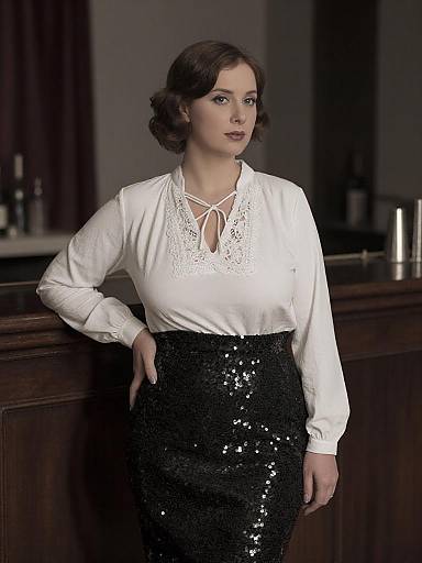 Photograph of a fair-skinned woman with short, wavy brown hair, wearing a white lace-trimmed blouse and black sequin skirt,