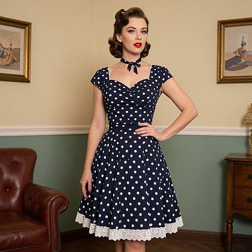 Vintage-style photograph of a fair-skinned woman with red lipstick, wearing a navy polka dot dress with white lace trim, standing in a vintage living