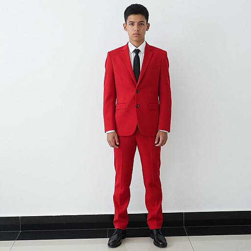 Photograph of a young Asian man in a bright red suit, white shirt, black tie, and black shoes, standing against a plain white background.
