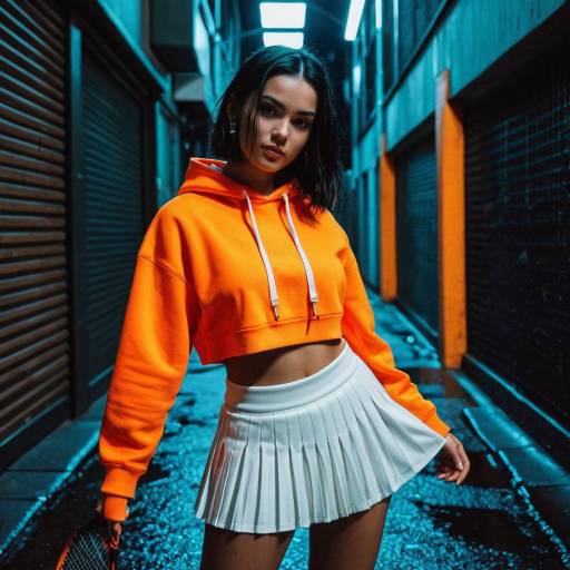 Woman in Orange Hoodie and White Tennis Skirt in Neon Alley