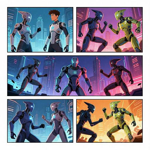 Comic-style digital artwork: six panels of a muscular man and a green robot in futuristic neon-lit city, dynamic combat poses.