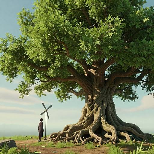 Photograph-style digital art of a large, leafy tree with sprawling roots, a small person holding a cross stands beside it under a blue sky.