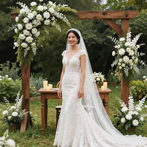 Photograph of a smiling bride in a white lace wedding dress and veil, standing in front of a wooden arch adorned with white flowers and candles, in