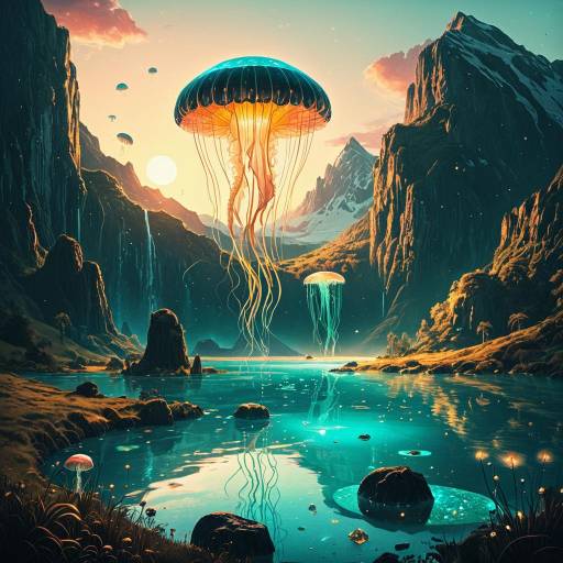 Fantasy Landscape with Floating Bioluminescent Jellyfish