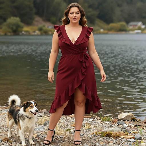 Plus-Size Woman by Lake in Red Dress