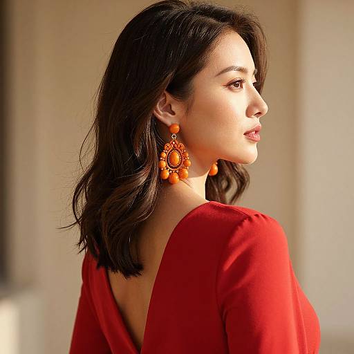 Photograph of an Asian woman with shoulder-length black hair, wearing a red dress and large orange drop earrings, looking to the side in soft, natural