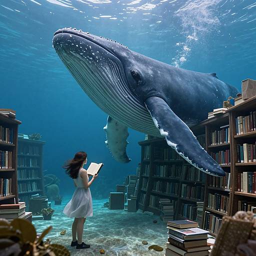 Photorealistic digital art: A young woman in a white dress stands underwater, holding a book, facing a massive humpback whale amidst towering book