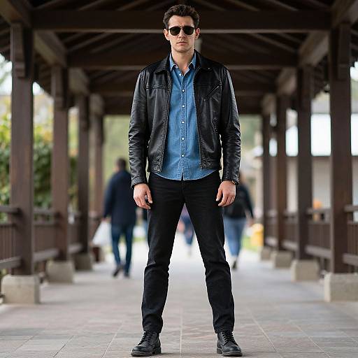 Photograph of a serious-looking man with dark sunglasses, blue shirt, black leather jacket, and black pants standing in a covered walkway. Blurred