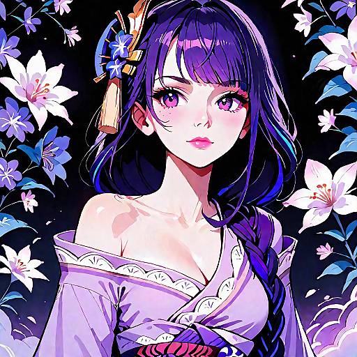 Anime Style Girl in Purple Kimono with Flowers