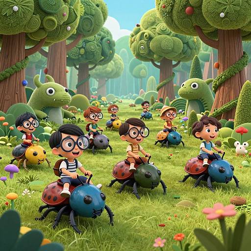 Children Riding Giant Beetles in Fantasy Forest