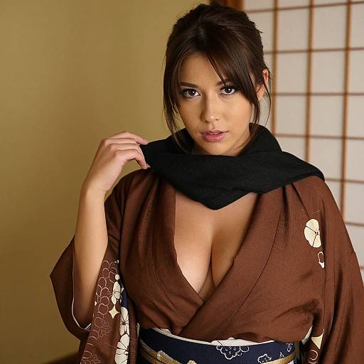 Photograph of an Asian woman with dark hair, wearing a brown kimono with floral patterns, black scarf, and navy obi, standing in front