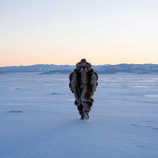 Photograph of a lone person in heavy winter gear walking across a vast, frozen, icy landscape at sunrise or sunset.