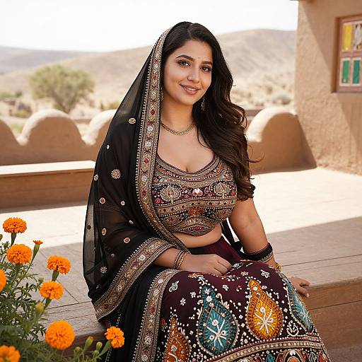 Photograph of a smiling Indian woman in a black and gold embroidered traditional outfit, seated outdoors with orange marigolds and desert background.