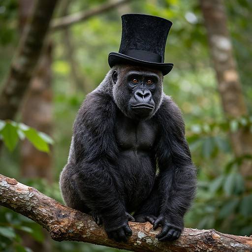 Photograph of a black gorilla sitting on a tree branch in a lush forest, wearing a tall black top hat, with a serious expression, surrounded
