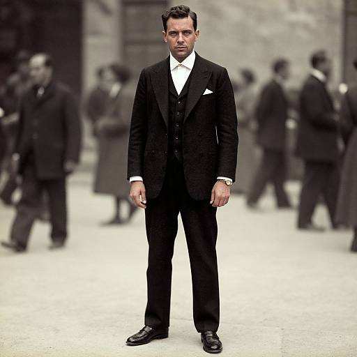 Photograph of a handsome man in a black three-piece suit with white shirt, standing in a blurred, monochrome urban setting.