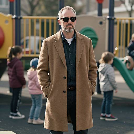 Photograph of a bearded man with sunglasses, wearing a brown coat and black shirt, standing in a playground with children.
