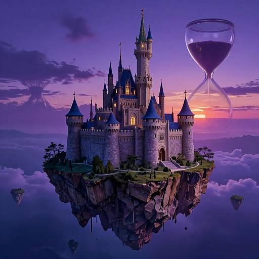 Fantasy castle with glowing windows, surrounded by clouds, floating above a cliff at sunset, with a giant hourglass in the sky. Digital artwork.
